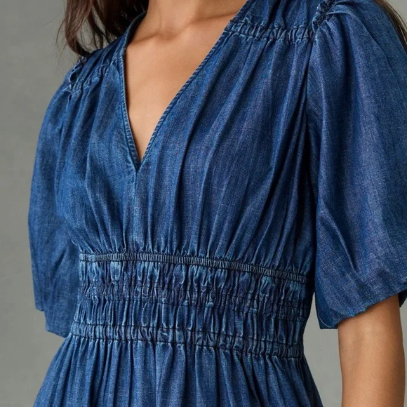 Pilcro puff sleeve V-Neck Denim Midi Dress with Smocked Waist M - Picture 2 of 13